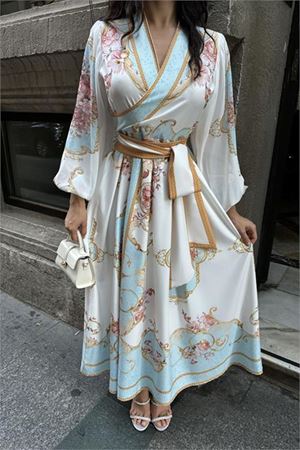 Neşeli butik kadın kuşaklı midi boy desenli elbise NBMS42149