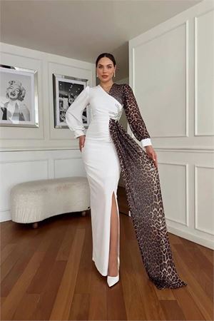Neşeli butik kadın leopar detaylı yırtmaçlı abiye elbise NBNC2509