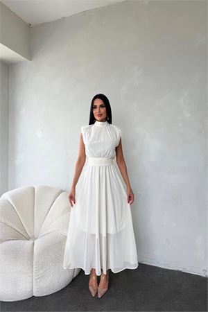 Neşeli butik kadın kuşağı taş detaylı midi şifon elbise NBMY3509