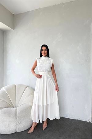 Neşeli butik kadın kuşağı taş detaylı midi şifon elbise NBMY3509