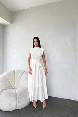 Neşeli butik kadın kuşağı taş detaylı midi şifon elbise NBMY3509