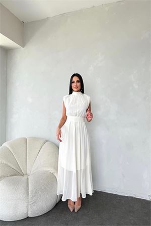 Neşeli butik kadın kuşağı taş detaylı midi şifon elbise NBMY3509