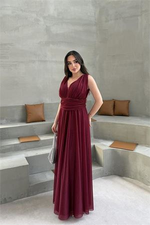 Neşeli butik kadın bordo v yaka simli tül abiye elbise NBS9223