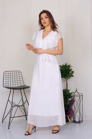 Neşeli Butik Kadın Kruvaze Yaka Bağlama Detaylı Yeni Sezon Uzun Şifon Elbise KTS001