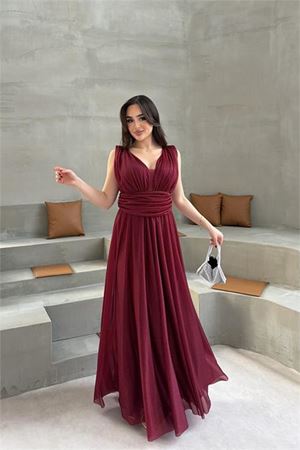 Neşeli butik kadın bordo v yaka simli tül abiye elbise NBS9223