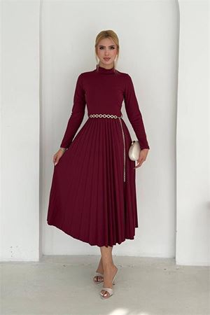Neşeli butik kadın dik yaka piliseli uzun kollu midi elbise NBK4400