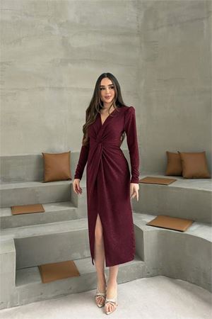 Neşeli butik kadın bordo anvelop büzgülü simli premium midi elbise NBELB08