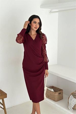 Neşeli butik kadın bordo kol tül detaylı bel drapeli midi boy örme elbise NBK4375