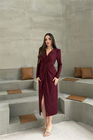 Neşeli butik kadın bordo anvelop büzgülü simli premium midi elbise NBELB08