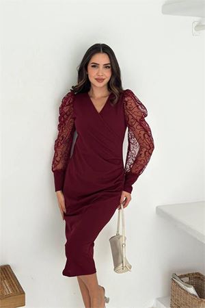 Neşeli butik kadın bordo kol tül detaylı bel drapeli midi boy örme elbise NBK4375