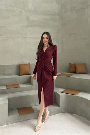 Neşeli butik kadın bordo anvelop büzgülü simli premium midi elbise NBELB08