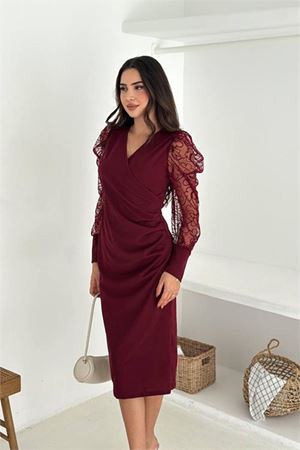Neşeli butik kadın bordo kol tül detaylı bel drapeli midi boy örme elbise NBK4375