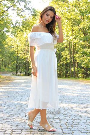 Neşeli Butik Kadın bağlama detaylı madonna yaka yeni sezon şifon elbise NB8060
