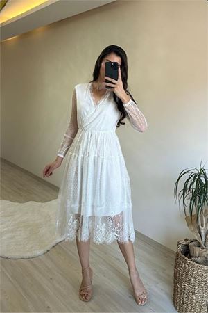 Neşeli butik kadın kruvaze yaka dantelli tül elbise NM010