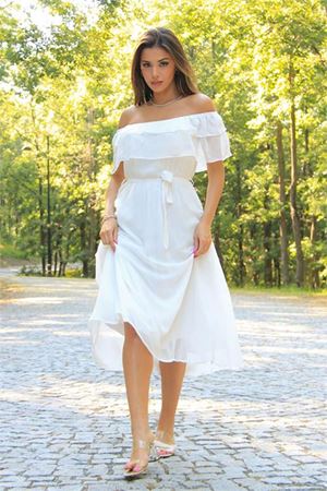 Neşeli Butik Kadın bağlama detaylı madonna yaka yeni sezon şifon elbise NB8060