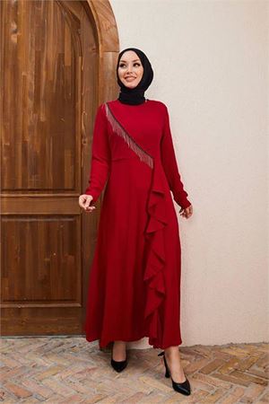 Neşeli butik kadın zincir detaylı ithal kumaş tesettür elbise SMS029