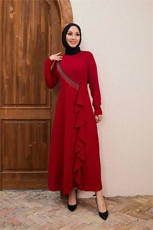 Neşeli butik kadın zincir detaylı ithal kumaş tesettür elbise SMS029