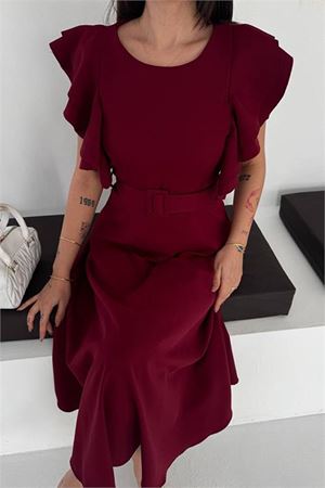 Neşeli butik kadın bordo kemer detaylı kol fırfırlı midi boy elbise NBK4559