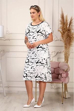 Neşeli butik kadın desenli büyük beden elbise AYSL51 - Beyaz