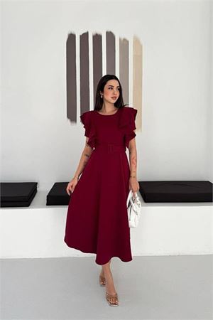 Neşeli butik kadın bordo kemer detaylı kol fırfırlı midi boy elbise NBK4559