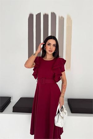 Neşeli butik kadın bordo kemer detaylı kol fırfırlı midi boy elbise NBK4559