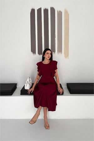 Neşeli butik kadın bordo kemer detaylı kol fırfırlı midi boy elbise NBK4559