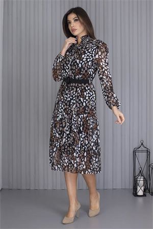Neşeli Butik Kadın Kemerli Yeni Sezon Midi Boy Desenli Şifon Elbise Apcx04
