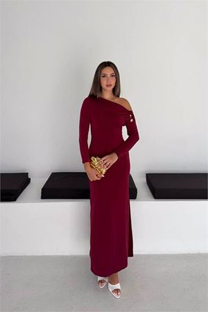 Neşeli butik kadın bordo tek omuz drapeli midi boy tokalı elbise NBK5020
