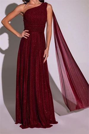 Neşeli butik kadın bordo tek omuz pilise detaylı simli tül kumaş abiye elbise NBSWLL16