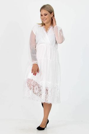 Neşeli butik kadın yeni sezon tül detaylı kruvaze yaka büyük beden elbise APCX14