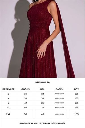 Neşeli butik kadın bordo tek omuz pilise detaylı simli tül kumaş abiye elbise NBSWLL16