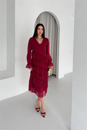 Neşeli butik kadın bordo V yaka kat kat fırfır detaylı midi boy şifon elbise NBK079