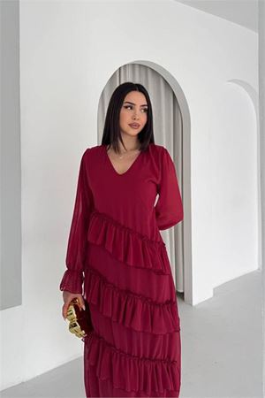 Neşeli butik kadın bordo V yaka kat kat fırfır detaylı midi boy şifon elbise NBK079
