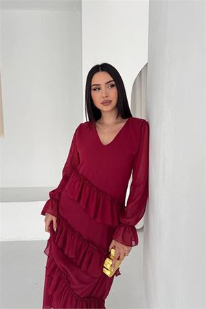 Neşeli butik kadın bordo V yaka kat kat fırfır detaylı midi boy şifon elbise NBK079