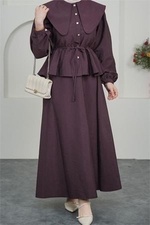 Neşeli butik kadın bordo pelerin yaka etekli tesettür takım NBVQ3134