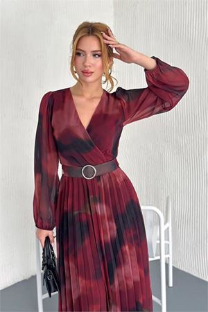 Neşeli butik kadın astarlı midi boy şifon elbise NBK20301