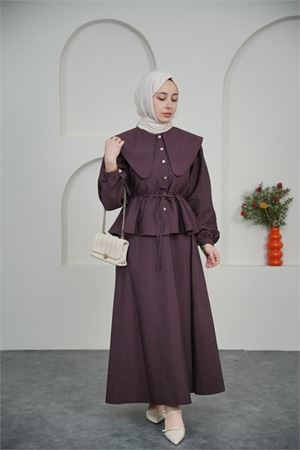 Neşeli butik kadın bordo pelerin yaka etekli tesettür takım NBVQ3134