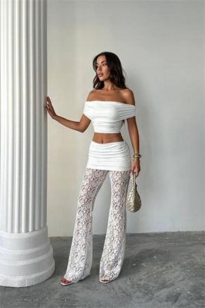 Neşeli butik kadın transparan dantel detaylı pantolon crop takım NBDF160