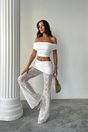 Neşeli butik kadın transparan dantel detaylı pantolon crop takım NBDF160