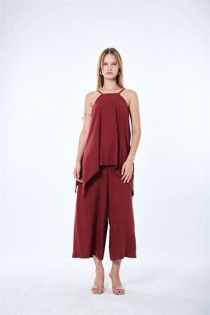 Neşeli butik kadın bordo ince askılı asimetrik kesim bluz pantolon ikili takım NBMY4070
