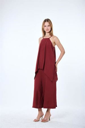 Neşeli butik kadın bordo ince askılı asimetrik kesim bluz pantolon ikili takım NBMY4070