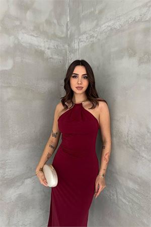Neşeli butik kadın bordo sırt dekolteli metal yaka midi elbise NBK4543