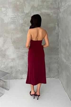Neşeli butik kadın bordo sırt dekolteli metal yaka midi elbise NBK4543