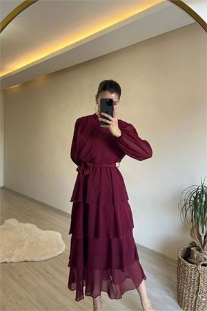Neşeli butik kadın kat kat volanlı kuşaklı midi şifon elbise NM004