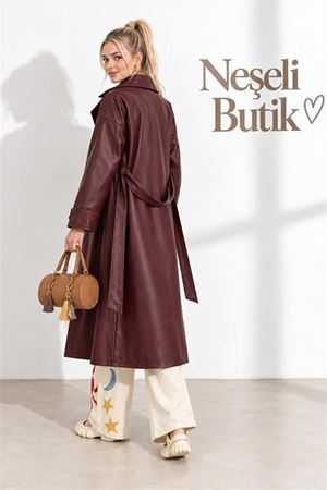 Neşeli butik kadın bordo kol detaylı tam boy suni deri kuşaklı premium trençkot NBELV01