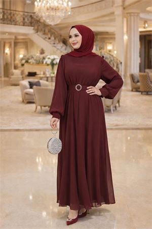 Neşeli butik kadın bordo tül kumaş kemer detaylı büyük beden tesettür elbise NBFT006