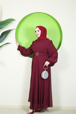 Neşeli butik kadın bordo tül kumaş kemer detaylı büyük beden tesettür elbise NBFT006