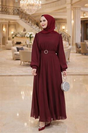 Neşeli butik kadın bordo tül kumaş kemer detaylı büyük beden tesettür elbise NBFT006