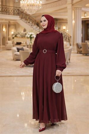 Neşeli butik kadın bordo tül kumaş kemer detaylı büyük beden tesettür elbise NBFT006