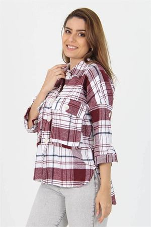 Neşeli butik kadın katlanabilir kol cep detaylı ekose oduncu gömlek NB9020